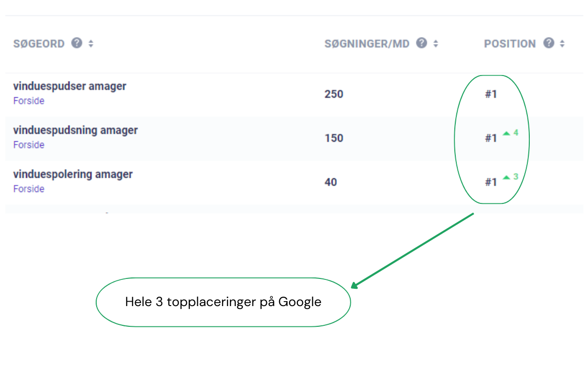 Dette billede viser, at Magnus Vinduespolering har hele tre topplaceringer på Google på sin hjemmeside vinduespudser-amager.com